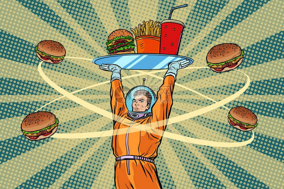 手举快餐盘的宇航员图片