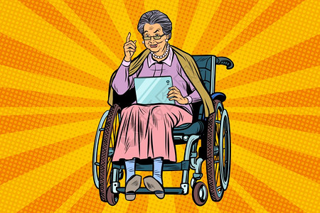 使用轮椅的老年残疾妇女老人小工具板流行艺术复变矢量说明使用轮椅的老年妇女残疾人图片