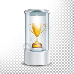 透明玻璃展示台配有金色奖杯矢量元素图片