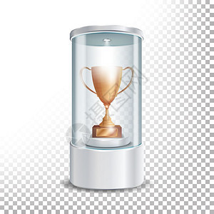 透明玻璃博物馆展示台配有铜杯聚光灯和火花模拟颁奖仪式的胶囊盒矢量图示图片