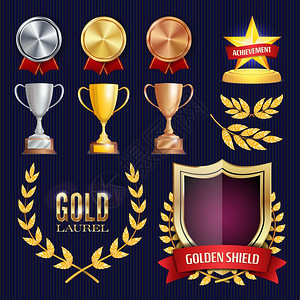 奖杯金牌和标签冠军和金银铜徽章奖牌组合矢量元素图片