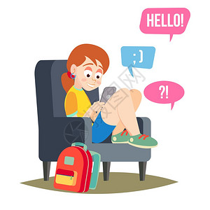 是神人面青少年女孩矢量青少年女孩用手机发短信智能电话聊天成瘾卡通
