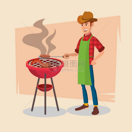 矢量烧烤工具炉与快乐男人的叉子平坦漫画插图图片