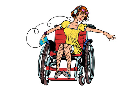 韩国美女学生坐在轮椅上听歌起舞的美女卡通插画插画
