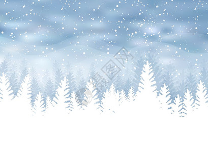 圣诞节冬季蓝色天空下的白色树木和雪花图片