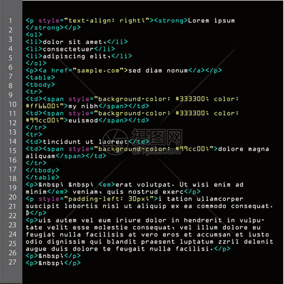 html简单代码矢量开发者视图中多彩的抽象程序标记彩色源代码脚本的浅色语法屏幕黑色背景简单代码矢量开发者视图中的彩色抽象程序标记图片