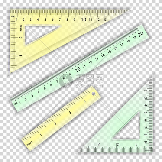 透明标尺和三角厘米和英寸测量工具图片
