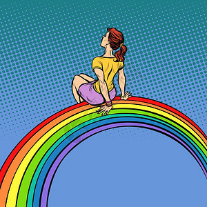 矢量插图漫画卡通年轻女人坐在彩虹上图片
