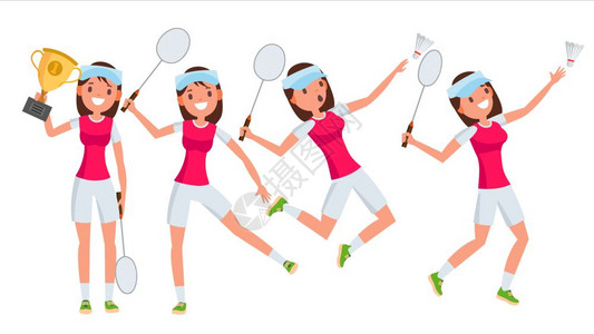 羽毛球女青年运动者卡通插图图片