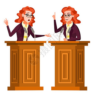 竖着手势的人物女发言人矢量带麦克风的讲台公开演辩论示孤立的平板
