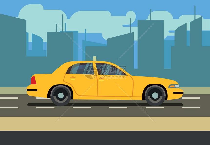 黄色小轿车行驶在城市中矢量卡通插画图片