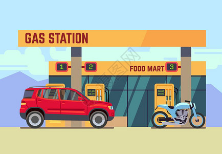 汽车和摩托车在加油站图片