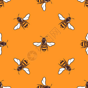橙色中飞行的蜜蜂矢量无缝模式背景图片