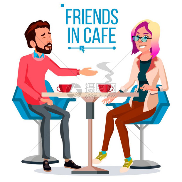 男女朋友或朋友在一起喝咖啡漫画插图图片