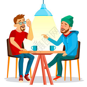 两个男人朋友喝咖啡坐在一起吃饭平板卡通插图图片