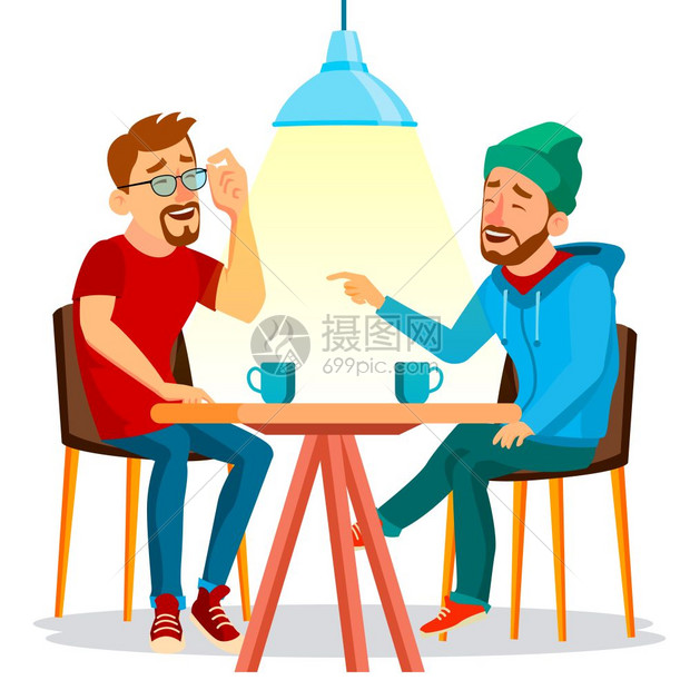 两个男人朋友喝咖啡坐在一起吃饭平板卡通插图图片