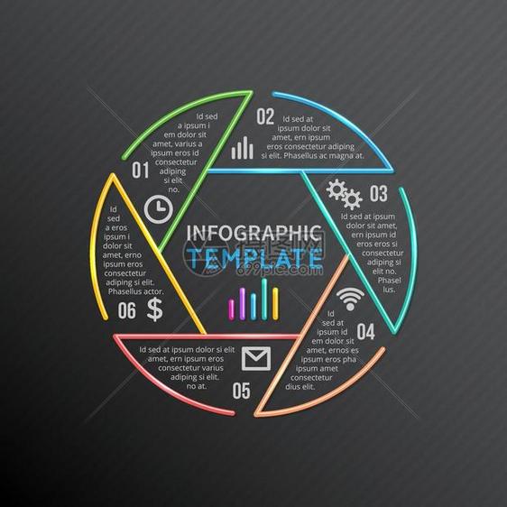 以6个选项部件步骤进程信息报告模板版式圆矢量行形状6个选项进程战略命令结构图示图片
