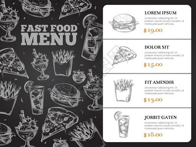 餐饮小册矢量菜单设计配有手工种植快餐汉堡午和早三明治比萨饼插图图片