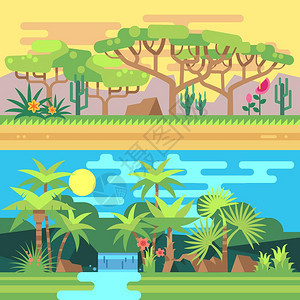 热带森林景观平板图例河流和棕榈树景观自然图图片