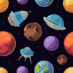 陨石带行星飞船ufo的宇宙星空插画