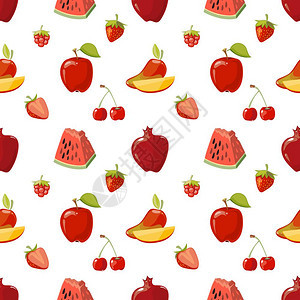 白底红色水果无缝图案石榴苹果和草莓矢量图图片