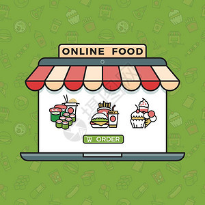 在线食品订购杂货物矢量概念以时态线风格冰淇淋和寿司汉堡蛋糕插图图片