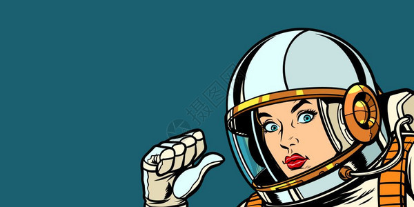 宇航员女拳头手对准自己流行艺术回放矢量老式插图画宇航员女拳手对准自己图片