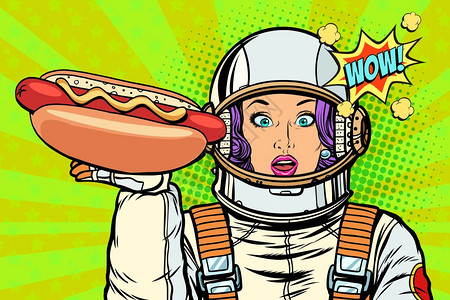 手拿热狗香肠的饥饿女宇航员图片