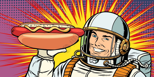 芥末沙拉笑着的男宇航员展示热狗插画