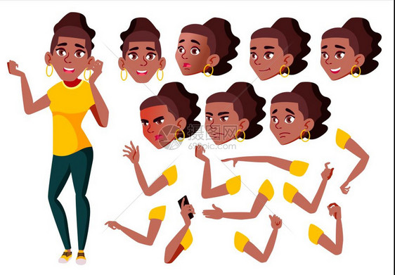 年轻女孩矢量黑人面对情绪各种手势动画插图孤图片