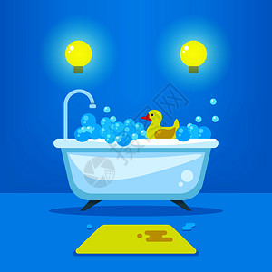 蓝色浴室浴缸小黄鸭矢量卡通插画图片