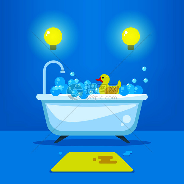 蓝色浴室浴缸小黄鸭矢量卡通插画图片