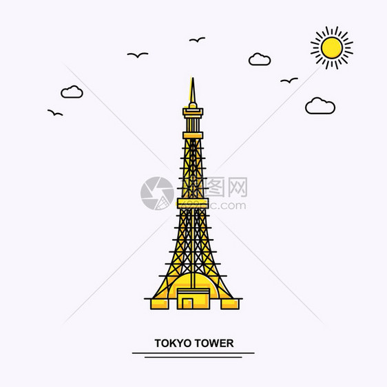 东京塔纪念碑海报模板世界旅行黄色插图背景图片