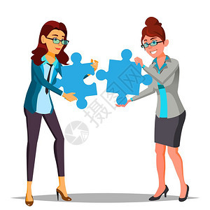 伙伴关系矢量两名商业妇女手握大拼图然后凑起来示例插图图片