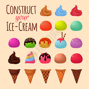 卡通冰淇淋和华夫饼巧克力和香草口味矢量插图图片