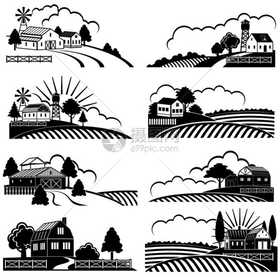 农场自然景观黑白矢量插图图片