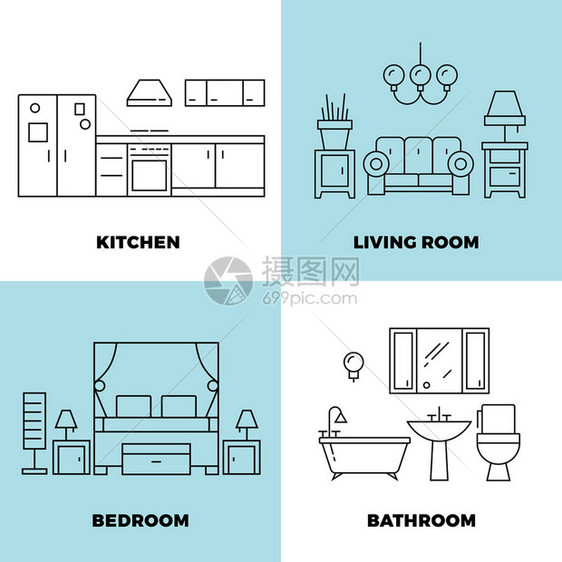 薄线室概念公寓概念设计家用具矢量说明图片