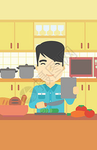 在厨房做蔬菜沙拉的男人插画图片