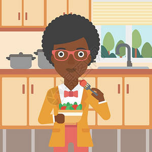 黑人女性在厨房里品尝美食矢量卡通插画图片