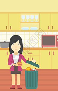 在厨房里丢垃圾食品的女人背景图片