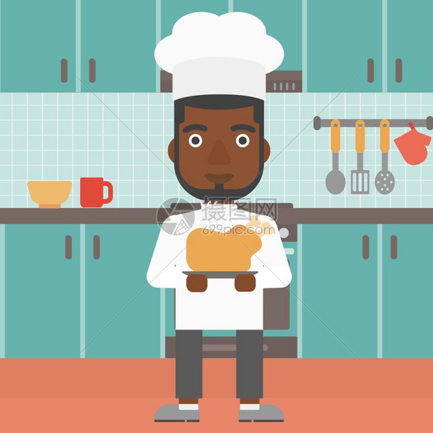 黑人厨师在厨房里端着鸡腿矢量卡通插画