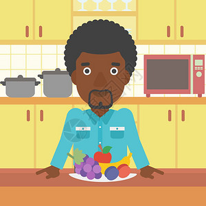 非洲男人在厨房中品尝美味水果矢量卡通插画图片