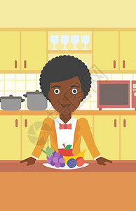 非洲女性在厨房中品尝美味水果矢量卡通插画图片