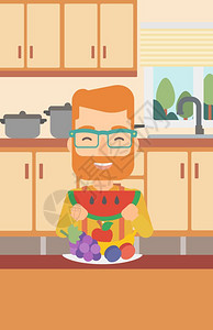 站在餐桌水果拼盘前吃西瓜的男人插画图片
