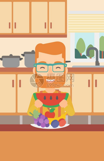 站在餐桌水果拼盘前吃西瓜的男人插画图片