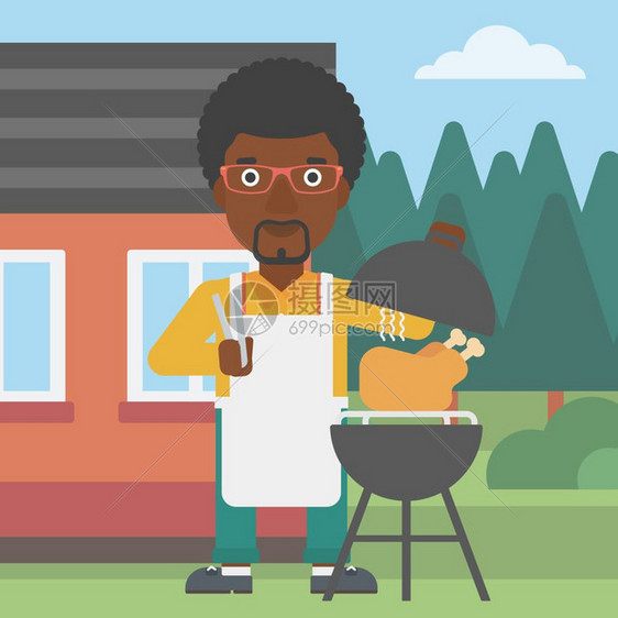 在院子里做烤鸡的非裔男子图片