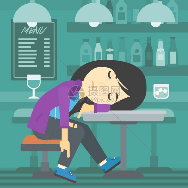 睡在酒吧里的醉酒妇女