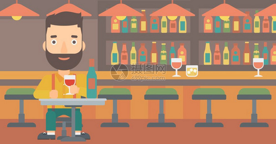 一个长着胡子坐在酒吧里喝着葡萄酒的男人图片