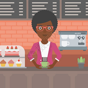 美厨一位非美裔女站在柜台上面包店背景上喝咖啡插画