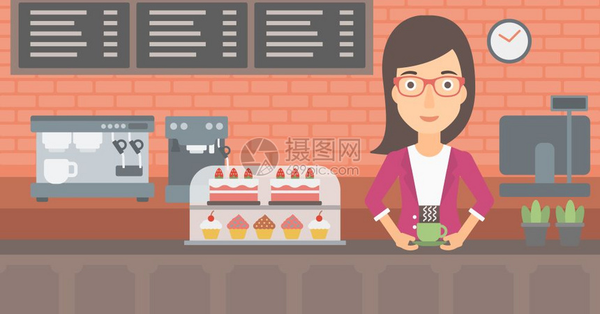 一位站在柜台里喝咖啡的女子图片